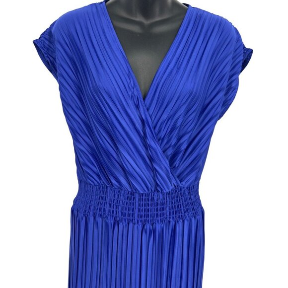 DKNY Blue Women Dress Size 12 Shift Midi Smocked Shutter Pleat Cap Sleeve New - Picture 3 of 10